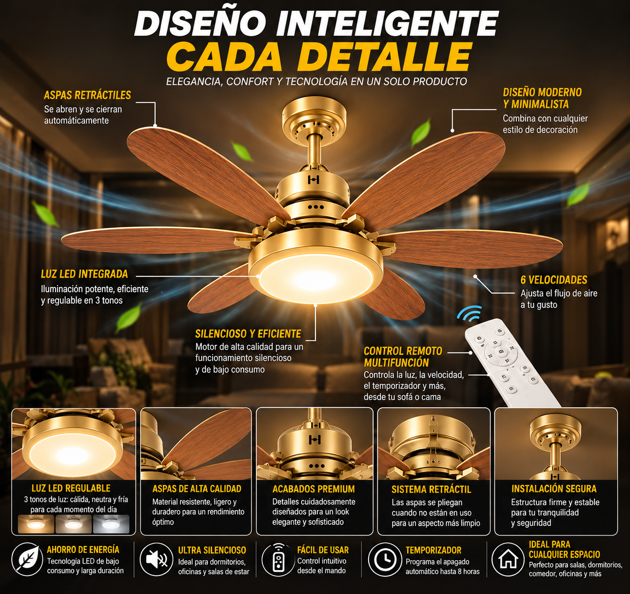 Ventilador LED dorado y efecto madera con características y precio