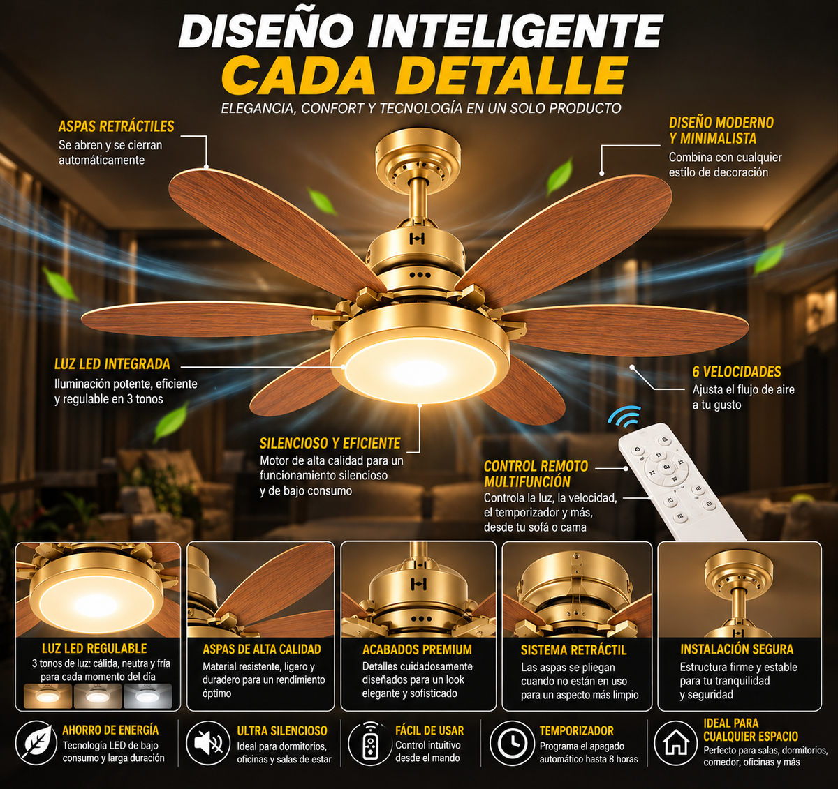 Ventilador de Techo LED con Aspas Retráctiles y Control Remoto