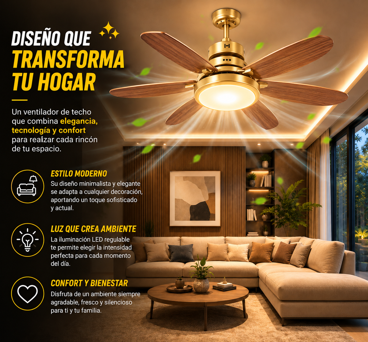 Ventilador de Techo LED con Aspas Retráctiles y Control Remoto