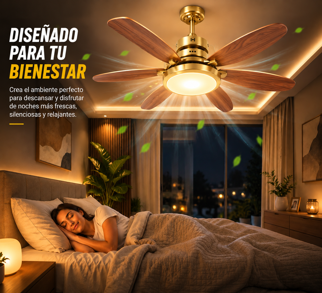 Ventilador LED en dormitorio de ambiente relajante