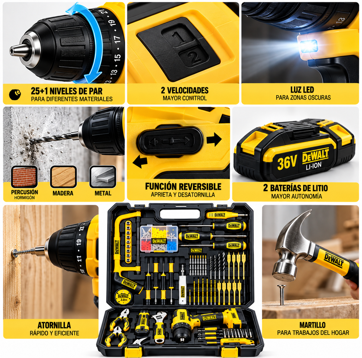 Taladro Percutor Inalámbrico 36V con 128 Piezas y 2 Baterías – Kit Completo con Maletín 🔧⚡
