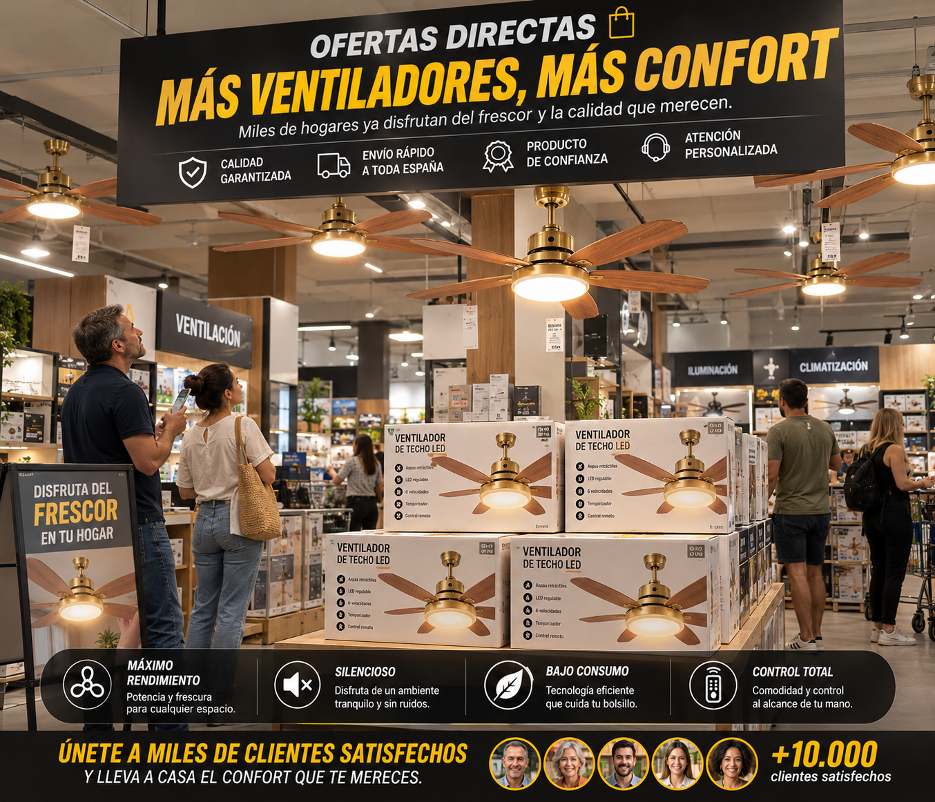 Presentación del ventilador LED dorado en espacio comercial