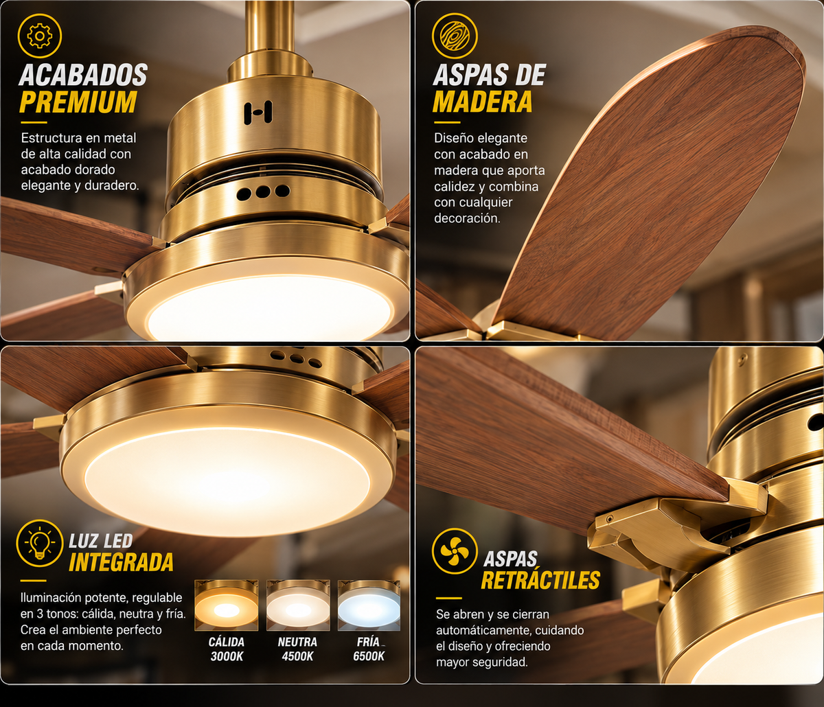 Ventilador de Techo LED con Aspas Retráctiles y Control Remoto