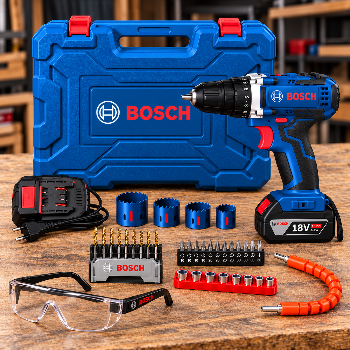 Taladro Percutor BOSCH 18V Inalámbrico – Kit Completo con 2 Baterías, Maletín y Accesorios