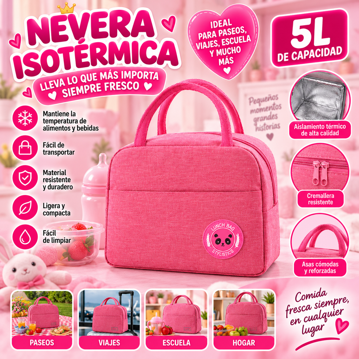 Bolsa térmica rosa de cinco litros