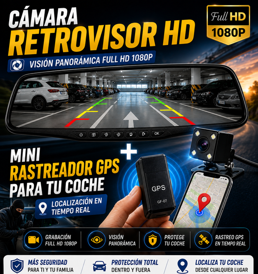 Cámara Retrovisor Full HD 1080p + Mini Rastreador GPS para Coche
