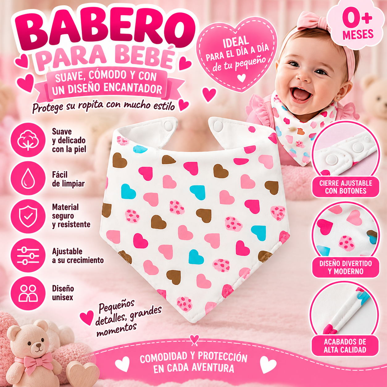 Babero ajustable con diseño de corazones