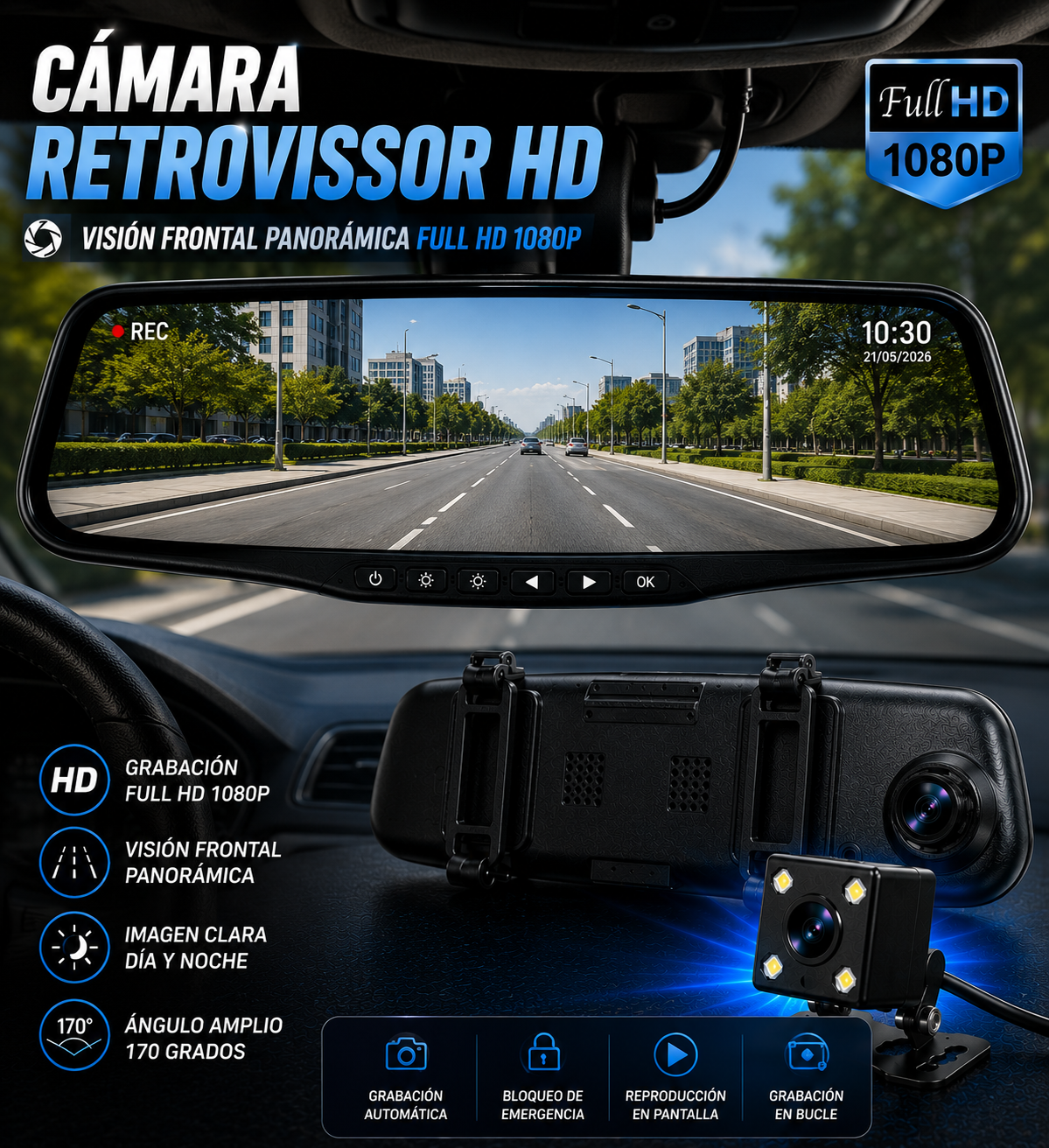 Funciones de la cámara retrovisor Full HD 1080p