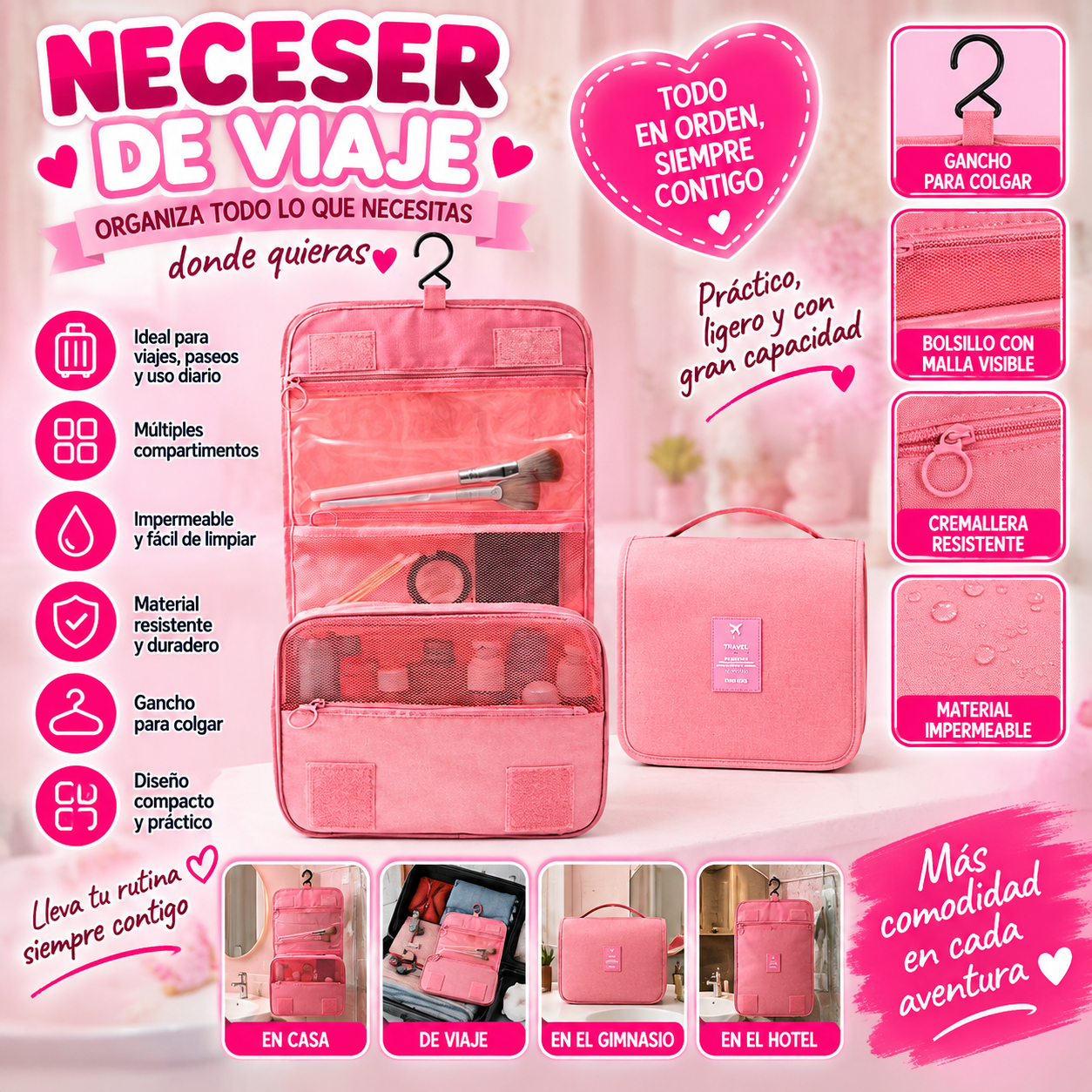 Neceser de viaje rosa con compartimentos y gancho