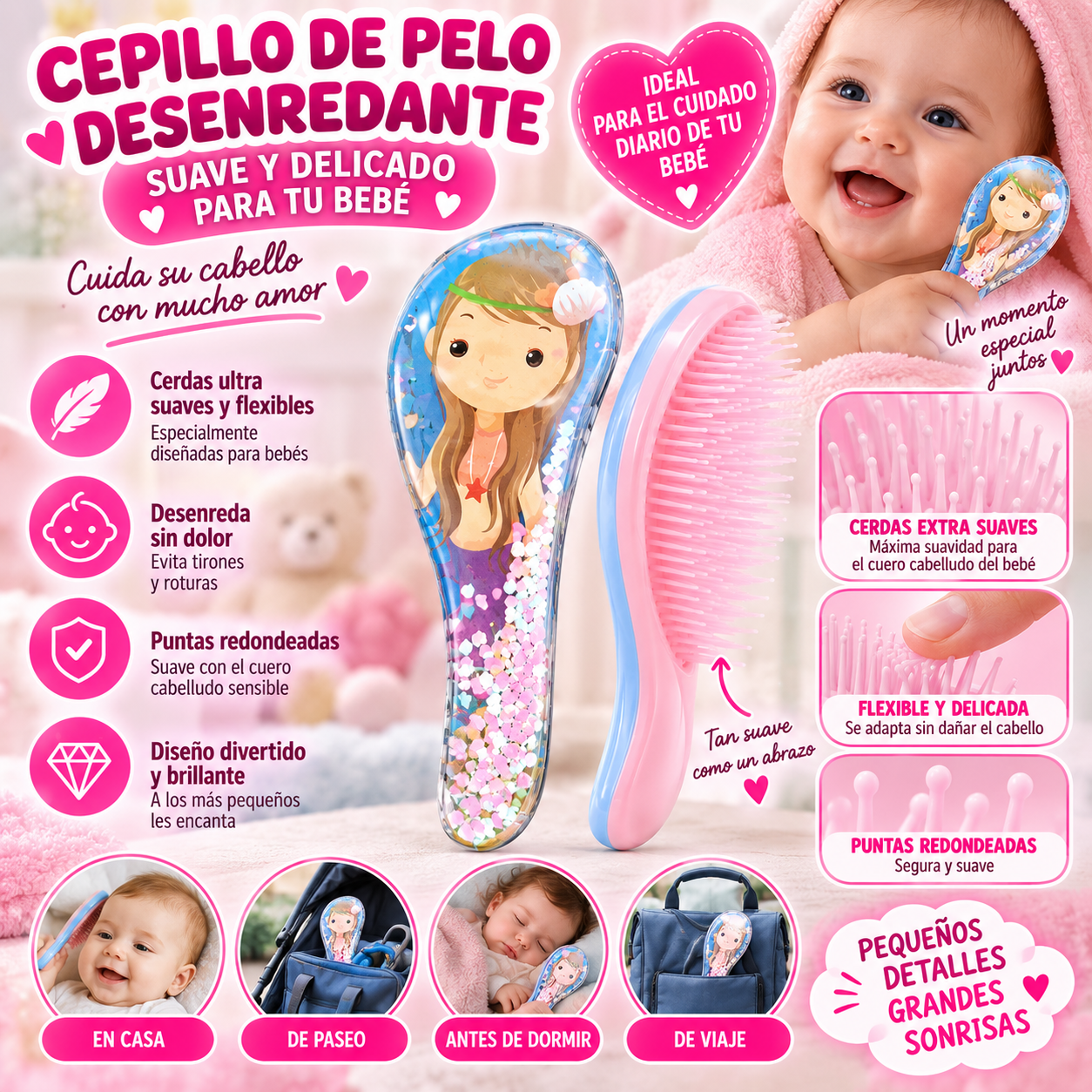 Cepillo infantil desenredante rosa