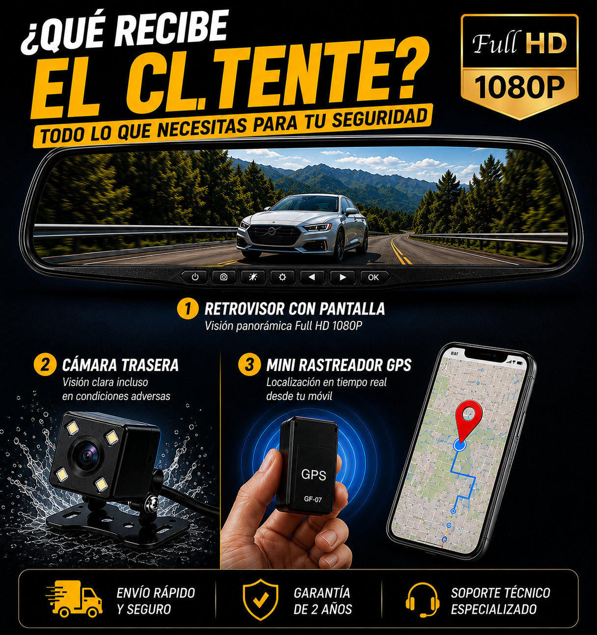 Contenido del pack: retrovisor, cámara trasera y rastreador GPS