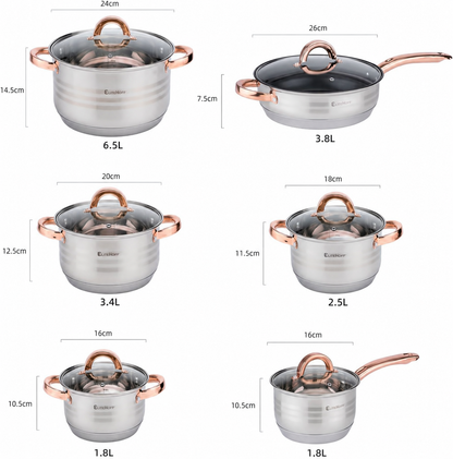 Batería de Cocina 12 Piezas, Juego de ollas en Acero Inoxidable con Tapas Apta para Todo Tipo de Cocinas Incluyendo Inducción